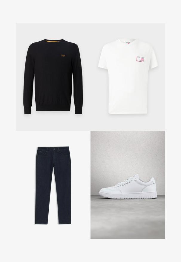 Zwarte gebreide trui met een ronde hals, geribde manchetten en een klein logo-opdruk in het geel op de borst. Gladde textuur.; Witte katoenen t-shirt met korte mouwen, voorzien van een merklogo in roze en zwart op de linkerkant van de borst. Rondhalsontwerp.; Donkerblauwe recht gesneden spijkerbroek met voorzakken, riemlussen, knoopsluiting en een klein "BOSS"-label op de rechterzak.; Witte lage sneaker met veters, Tommy Hilfiger-logo op de tong en zijkant, zwevend boven een grijze betonnen vloer in een moderne binnenomgeving.