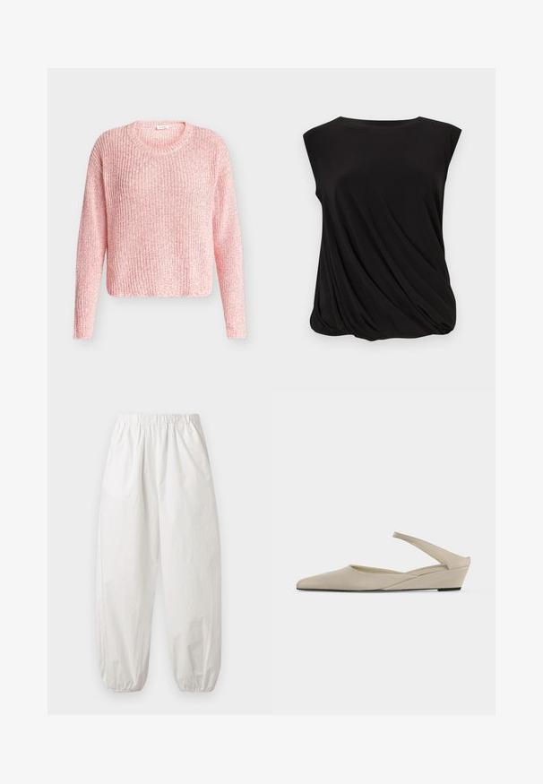 Ροζ ελαφρύ πλεκτό πουλόβερ με μακριά μανίκια και στρογγυλή λαιμόκοψη, εμφανιζόμενο σε ουδέτερο γκρι φόντο.; Μαύρο αμάνικο τοπ με λαιμόκοψη σκαφάκι και μαζεμένη, draped λεπτομέρεια υφάσματος στο κάτω τελείωμα.; Χαλαρό λευκό παντελόνι με ελαστική μέση και μανσέτες, κατασκευασμένο από ελαφρύ ύφασμα, φωτογραφημένο πάνω σε απλό φωτεινό φόντο.; Μπεζ γυναικείο παπούτσι με χαμηλό σφήνωτο τακούνι, λουράκι πίσω, μυτερή μύτη και ματ λεία επιφάνεια, σε πλευρική όψη σε λευκό φόντο.