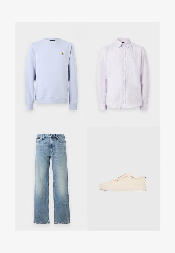 Sweat-shirt bleu clair à col rond avec des manches longues et un petit logo d'oiseau jaune sur le côté gauche de la poitrine.; Chemise à manches longues violet clair avec col, boutons blancs et un petit logo brodé sur la poitrine gauche.; Jean droit en denim bleu clair avec taille haute, cinq poches, fermeture à boutons et léger délavage sur les cuisses et les genoux.; Baskets en toile beige avec bout arrondi, semelle en caoutchouc plate et lacets à l'avant. Présente un design minimaliste et un accent noir contrastant au niveau du talon.