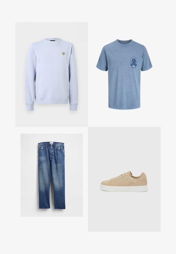Sweat-shirt bleu clair à col rond avec des manches longues et un petit logo d'oiseau jaune sur le côté gauche de la poitrine.; T-shirt bleu clair à manches courtes avec un petit logo sur la poitrine représentant un surfeur et texte indiquant "Big Barrel Surfing Competition, Local Members Only.".; Jean en denim bleu avec une coupe droite, présentant un délavage à l'avant, un style classique à cinq poches et des rivets métalliques sur les poches.; Baskets basses en daim beige avec fermeture à lacets et semelle en caoutchouc blanc sur fond gris clair.