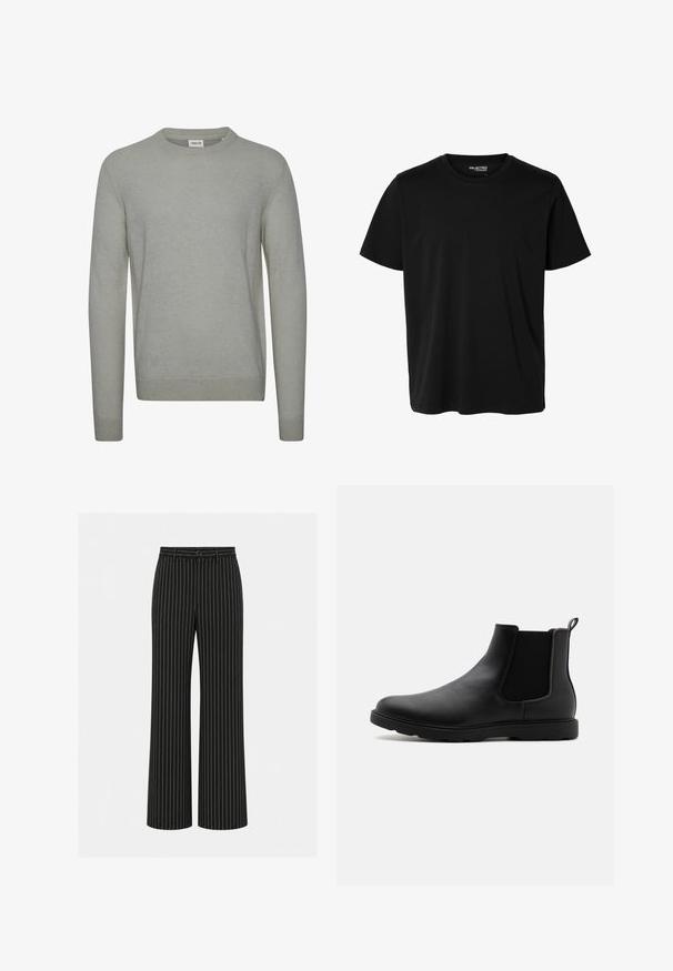 Lys grå sweater lavet af strikket stof, med rund hals, lange ærmer og ribbede manchetter og kant. Enkel, ensfarvet design.; Ensfarvet sort t-shirt med korte ærmer og rund hals, herrepasform, uden synlige mønstre eller logoer foran.; Sorte bukser med vide ben og hvide lodrette prikstriber, knap og bæltestropper i taljen.; Sorte læder Chelsea støvle med elastiske sidepaneler, en trækflap og en holdbar gummisål. Glat tekstur og strømlinet design.