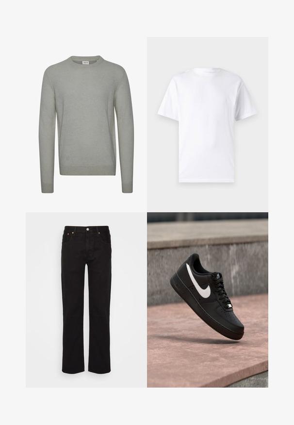 Lys grå sweater lavet af strikket stof, med rund hals, lange ærmer og ribbede manchetter og kant. Enkel, ensfarvet design.; Hvid kortærmet t-shirt lavet af bomuld med rund hals, der har en glat tekstur og et simpelt design uden mønstre eller accenter.; Sorte lige ben jeans lavet af bomuld. Har fem lommer, en metalknap og orange syninger fortil.; Sort Nike Air Force 1-sneaker med hvid swoosh-logo, svævende over en stenovertflade med en grå tekstureret væg i baggrunden.