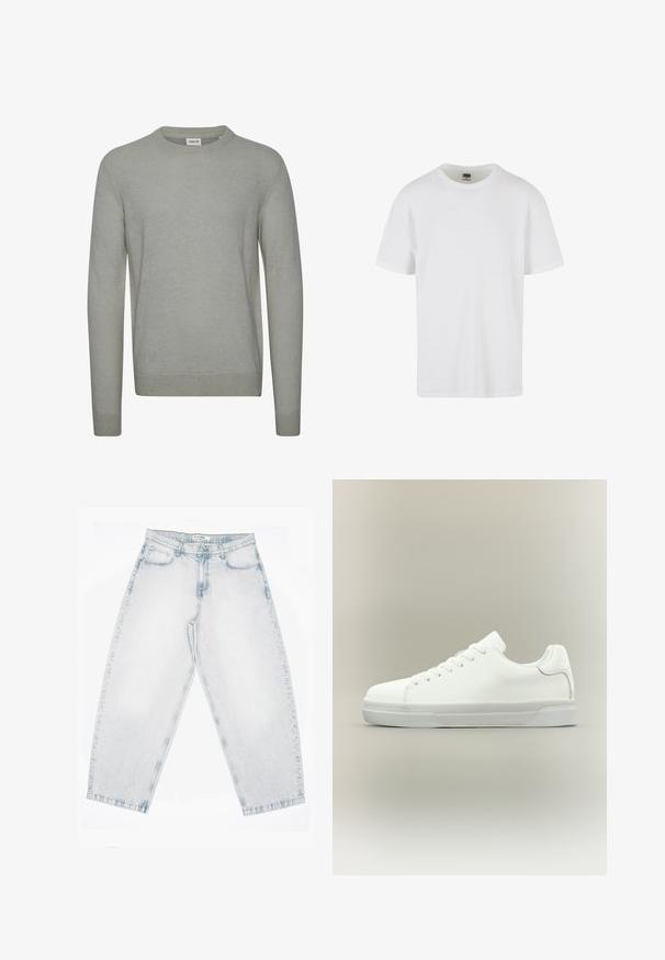 Suéter gris claro de tejido de punto, con cuello redondo, mangas largas y puños y dobladillo acanalados. Diseño simple de color sólido.; Camiseta blanca de manga corta hecha de algodón texturizado. Presenta un cuello redondo y un dobladillo recto. Diseño minimalista sin logotipos visibles.; Vaqueros de mezclilla lavada clara con cintura alta, piernas anchas y rectas, cierre de botones y cremallera, y bolsillos delanteros y traseros.; Zapatilla blanca de corte bajo con cierre de cordones, cuello acolchado y suela de goma texturizada, mostrada de perfil sobre un fondo neutro.