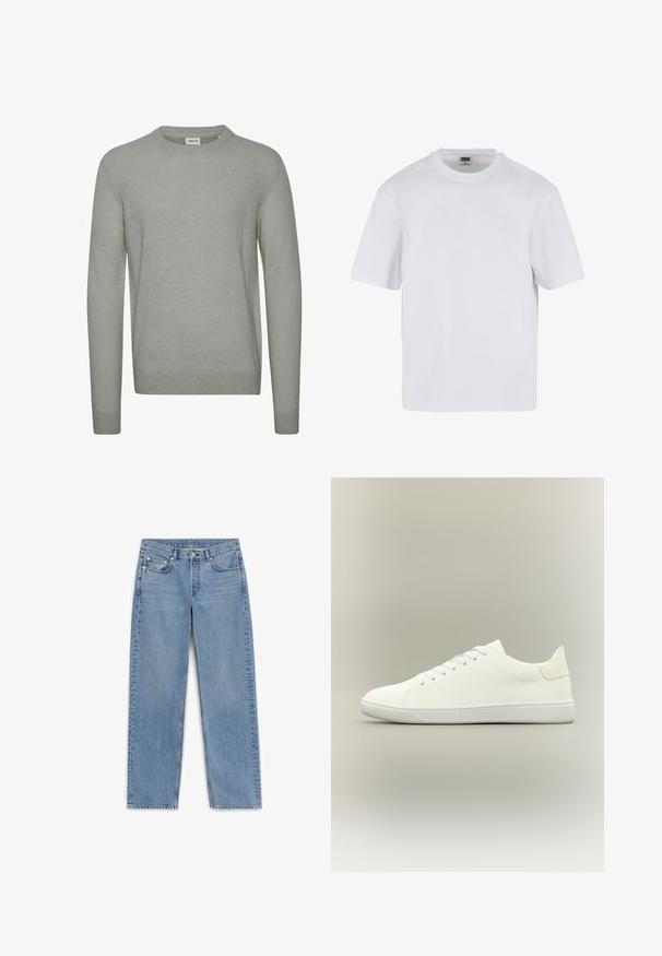 Lys grå sweater lavet af strikket stof, med rund hals, lange ærmer og ribbede manchetter og kant. Enkel, ensfarvet design.; Hvid kortærmet t-shirt lavet af bomuld. Har en rund halsudskæring og en afslappet pasform. Glat tekstur, minimalistisk design, ingen mønstre eller accenter.; Lys blå denim jeans med lige pasform, fem lommer og subtilt slid. Har en knaplukning og stikninger langs sømmene.; Hvid lavtsiddende sneakers med snørebånd, glat læderoverdel og flad gummisål på en neutral baggrund.