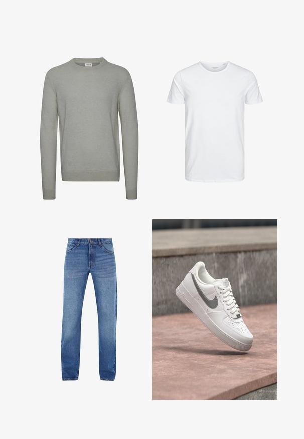 Lys grå sweater lavet af strikket stof, med rund hals, lange ærmer og ribbede manchetter og kant. Enkel, ensfarvet design.; Rundhals kortærmet t-shirt i ensfarvet hvid, lavet af blød bomuld, har et simpelt design uden synlige mønstre eller detaljer.; Blå denim jeans med lige pasform, fem lommer og lynlås. Subtil falmning foran, broderede detaljer i orange.; Hvid Nike Air Force 1 sneaker med gråt swoosh-logo svævende over en stensurface og en grå stenvæg i baggrunden.