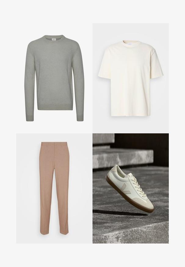 Lys grå sweater lavet af strikket stof, med rund hals, lange ærmer og ribbede manchetter og kant. Enkel, ensfarvet design.; Lys off-white kortærmet T-shirt med rund hals, unisex design, præsenteret på en neutral grå baggrund.; Beige skræddersyede bukser i en glat, struktureret stof. Straight fit med en linning og uden synlige pyntedetaljer eller lommer.; Hvide læder sneakers med tanfarvet gummisål, flade snørebånd og V-formet detalje på siden. Har en glat overflade og minimale syninger.