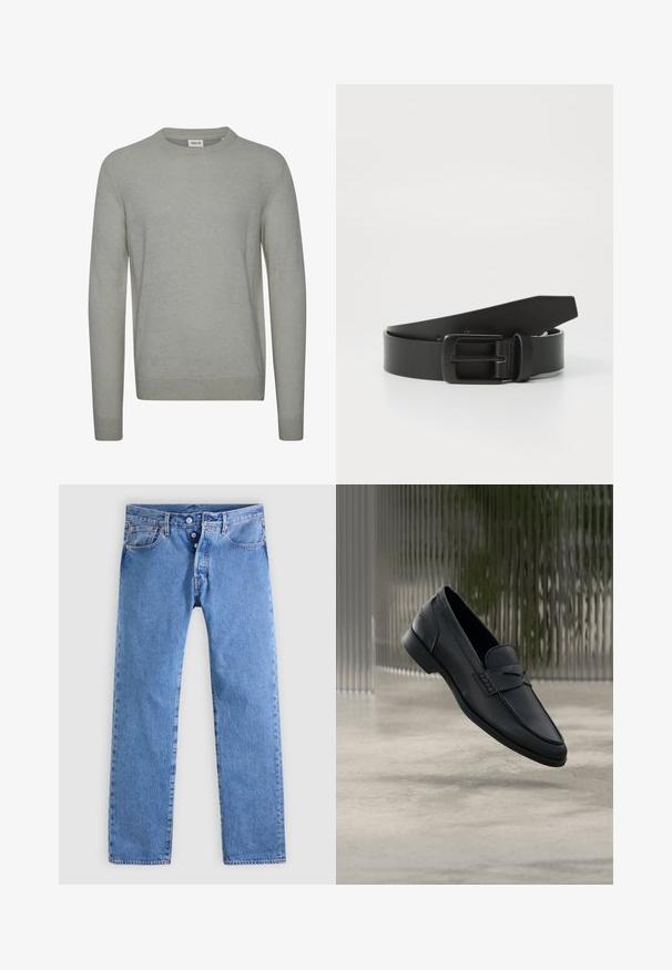 Lys grå sweater lavet af strikket stof, med rund hals, lange ærmer og ribbede manchetter og kant. Enkel, ensfarvet design.; Lyseblå denimjeans med et lige ben design, fem lommer og to-knaps lynlås. Har minimal falmen og kontrastsyning.; Sort læderloafer med glat finish, spids tå og sømdetaljer over vristen. Lav hæl og minimalistisk design.; Sort læderbælte med spænde i mat sort metal, der har en glat tekstur og enkelt design. Justerbar længde med en tilspidset ende.