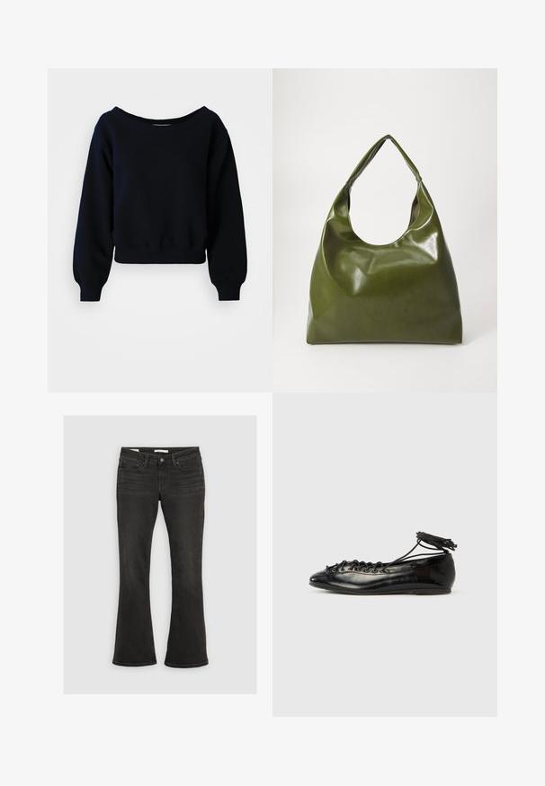 Effen zwarte cropped sweatshirt met lange mouwen, met geribbelde manchetten, tailleband en een brede halslijn op een witte achtergrond.; Zwarte bootcut jeans met voorzakken, riemlussen en knoopsluiting, plat uitgestald op een lichtgrijze achtergrond.; Zwarte ballerina's van lakleer met een afgeronde neus, veterdesign en een platte zool. Glad oppervlak met minimale details.; Groene leren hobotas met een slordig ontwerp, gebogen handvat en een gladde textuur. Bevat geen zichtbare hardware of accenten.