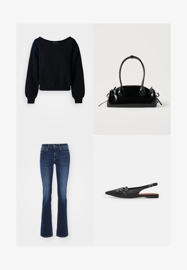 Effen zwarte cropped sweatshirt met lange mouwen, met geribbelde manchetten, tailleband en een brede halslijn op een witte achtergrond.; Vloeiende donkerblauwe jeans van denim, met een klassieke vijf-pocketontwerp, ritssluiting aan de voorkant en knoopsluiting. Gladde textuur en mid-rise pasvorm.; Zwarte leren slingback ballerina met spitse neus, voorzien van twee horizontale bandjes en vierkante zilveren gespen, lage hak en een gladde textuur.; Kleine zwarte glanzende handtas met twee lange hengsels en zijkant trekkoord details op een effen lichte achtergrond.