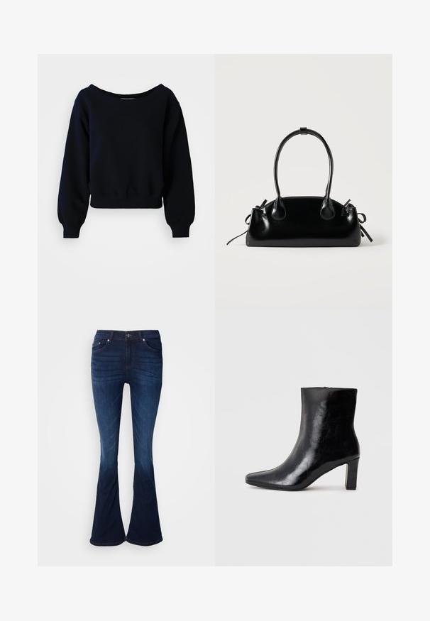 Schwarzes, langärmeliges, gekürztes Sweatshirt mit gerippten Bündchen, Taillenbund und weitem Halsausschnitt auf weißem Hintergrund.; Ausgestellte, dunkelblaue Jeans aus Denim mit glatter Textur, Fünf-Taschen-Design und Knopfverschluss. Besitzt eine allmähliche Aufhellung bis zum Saum.; Schwarze Knöchelstiefel aus glänzendem Leder mit spitzem Zustand und mittelhohem Blockabsatz, mit glatter Textur und einfachem Design.; Kleine schwarze glänzende Handtasche mit zwei langen Griffen und seitlichen Kordelzug-Details vor einfachem hellem Hintergrund.