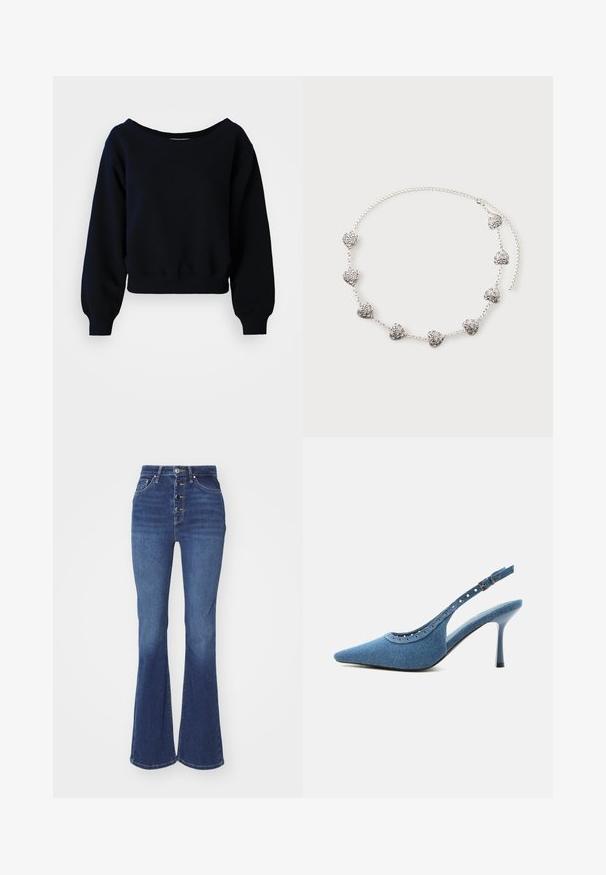 Effen zwarte cropped sweatshirt met lange mouwen, met geribbelde manchetten, tailleband en een brede halslijn op een witte achtergrond.; Hoge taille, wijde spijkerbroek in donkerblauw met een knoopsluiting en vijf zakken. Gladde textuur met subtiele vervaging op de knieën.; Blauwe denim slingback pump met spitse neus, zilveren oogjes en verstelbare gespsluiting.; Zilveren ketting met acht kleine hartvormige hangers voorzien van ingewikkelde krulpatronen, plat liggend op een lichte achtergrond.