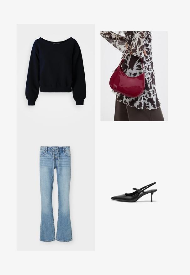 Effen zwarte cropped sweatshirt met lange mouwen, met geribbelde manchetten, tailleband en een brede halslijn op een witte achtergrond.; Lichtblauwe denim flared jeans met vetergesp aan de voorkant, vijf zakken en riemlussen, met vervaagde details op dijen en knieën.; Zwarte leren slingback hakken met een puntige neus, slanke verstelbare band en een ongeveer 5 cm hoge stiletto hak, met een gladde textuur.; Vrouw met een zwart-wit gebloemde blouse houdt een glanzende rode schoudertas vast tegen een effen achtergrond.