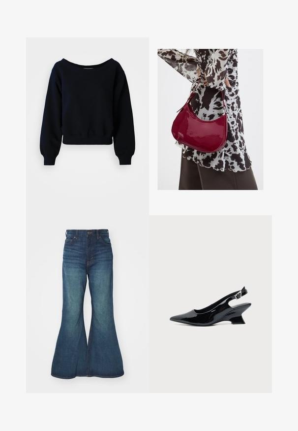 Effen zwarte cropped sweatshirt met lange mouwen, met geribbelde manchetten, tailleband en een brede halslijn op een witte achtergrond.; Uitlopende spijkerbroek in middelblauw, met een hoge taille, vijf zakken en contrasterende stiksels. Soepele textuur met een lichte vervaging.; Zwarte lakleren slingback schoen met spitse neus en lage schuine blokhak op een effen lichte achtergrond.; Vrouw met een zwart-wit gebloemde blouse houdt een glanzende rode schoudertas vast tegen een effen achtergrond.