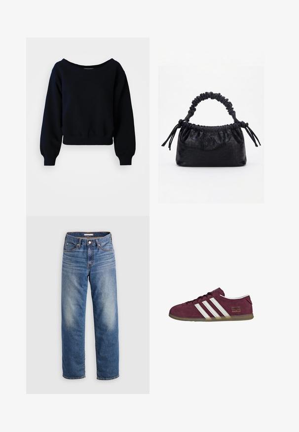 Effen zwarte cropped sweatshirt met lange mouwen, met geribbelde manchetten, tailleband en een brede halslijn op een witte achtergrond.; Lichtblauwe spijkerbroek met rechte pijpen, voorzien van een knoopsluiting, voorzakken en subtiele verlichtingen bij de dij.; Bordeauxrode suède sneaker met witte strepen, een ronde neus en een buitenzool van gum rubber. Voorzien van een logolabel aan de buitenkant.; Zwarte handtas met krokodillenstructuur, geplooide bovenrand, samengevoerde handgreep en koordtassels aan elke kant tegen een witte achtergrond.
