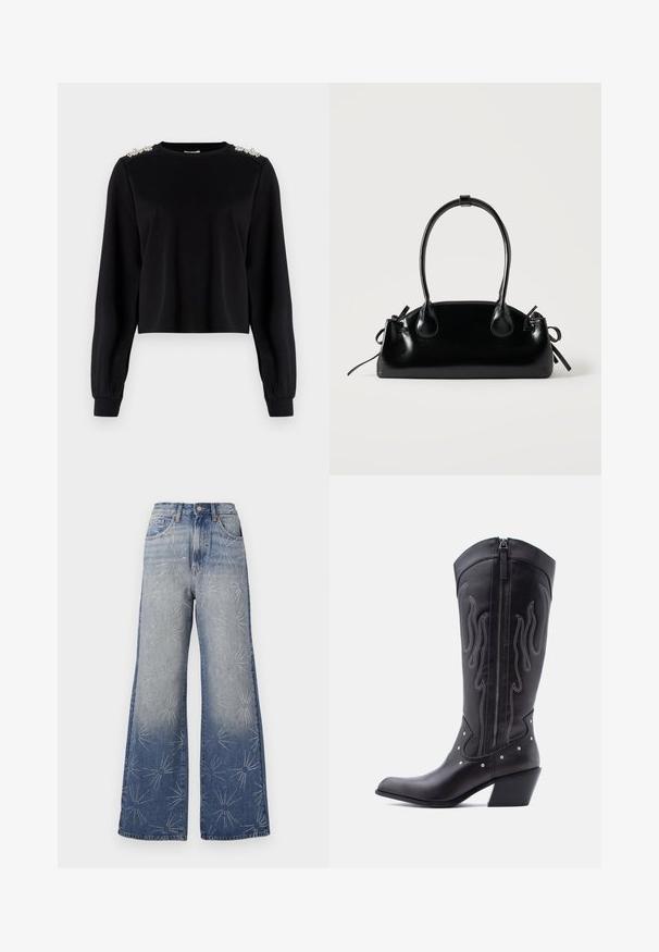 Schwarzes, kurzes Sweatshirt mit langen Ärmeln. Mit dekorativen Verzierungen an den Schultern. Glattes Material, gerippte Bündchen und Kragen.; Weite Jeans aus hellblauem Denim mit silbernen Sternen-Muster. Hohe Taille mit Knopfverschluss und klassischem Five-Pocket-Design.; Schwarze Cowboy-Stiefel aus Leder mit spitzer Zehenpartie, sichtbarer Nahtführung, silbernen Nietenakzenten und Reißverschluss auf der Innenseite.; Kleine schwarze glänzende Handtasche mit zwei langen Griffen und seitlichen Kordelzug-Details vor einfachem hellem Hintergrund.
