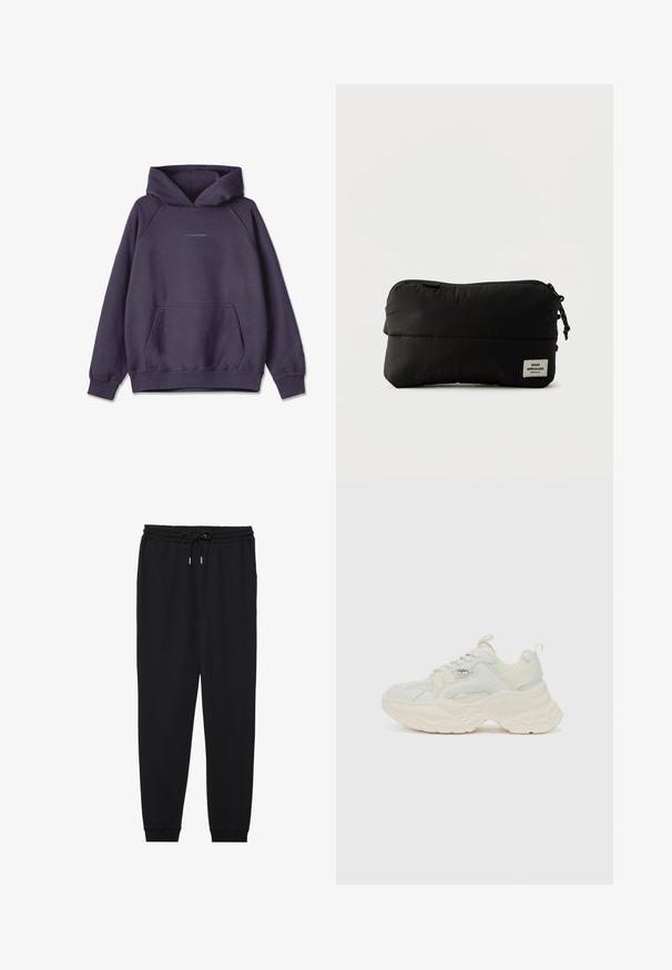 Pegador CLARITA LOGO OVERSIZED HOODIE - Φούτερ με κουκούλα - washed indigo blue gum; Μαύρες φόρμες jogger από μαλακό ύφασμα, με ελαστική ζώνη μέσης και κορδόνι, πλαϊνές τσέπες και σφήνες στους αστραγάλους.; Chunky παπούτσια σε off-white απόχρωση, με υφασμάτινη υφή και λείο δέρμα στην επάνω μεριά, διαθέτουν παχιά, κυματιστή σόλα και μπράντα επενδύσεις.; Μαύρο ορθογώνιο νεσεσέρ με φερμουάρ και υφασμάτινη ετικέτα με το λογότυπο "Mads Nørgaard Copenhagen" κάτω δεξιά.