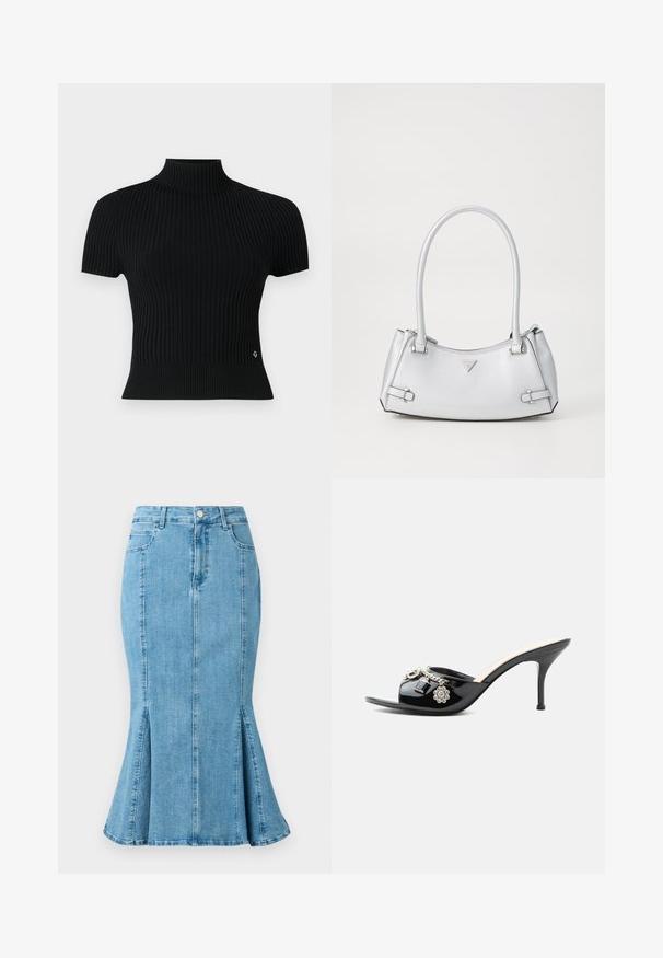 Haut noir à manches courtes en rib à col montant, avec une silhouette ajustée et un accent logo subtil à la taille.; Jupe crayon en denim bleu clair avec un ourlet évasé et des fentes latérales, dotée d'une fermeture à bouton à l'avant et de poches. Design simple et épuré.; Mule à talon haut en cuir verni noir avec bout ouvert et breloques argentées décoratives comprenant une fleur et un cadenas sur la bride avant.; Sac à main argenté avec un design structuré, doté de deux poignées, d'une texture brillante, de quincaillerie accentuée et d'un logo triangulaire sur le devant.