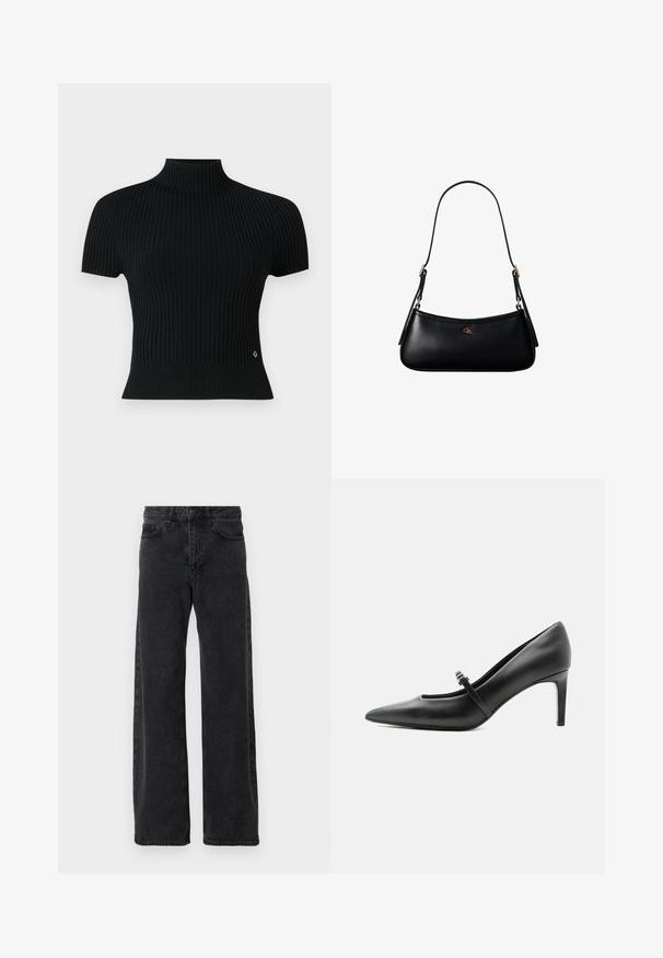 Haut noir à manches courtes en rib à col montant, avec une silhouette ajustée et un accent logo subtil à la taille.; Jean en denim noir à coupe large, avec un style classique à cinq poches, fermeture à bouton et légère décoloration.; Escarpin noir en cuir à bout pointu avec une fine bride et une boucle sur le cou-de-pied, posé sur un fond clair neutre.; Mini sac à bandoulière en cuir noir avec une fine bandoulière et un petit logo CK doré au centre avant.