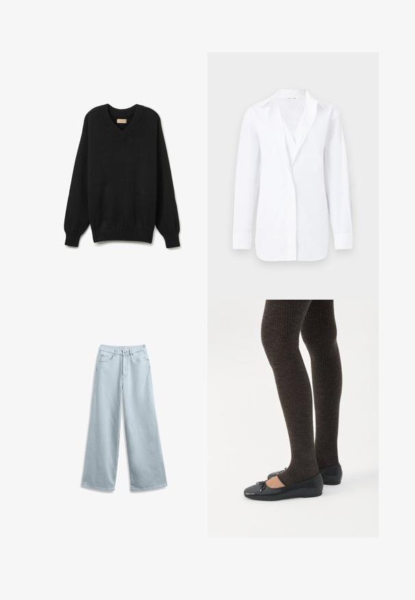 Sort v-hals sweater lavet af blødt strikket stof. Har ribbestrikkede manchetter og kant, med en afslappet pasform og indsyede ærmer.; Hvid langærmet skjorte med knapper og krave, vist fladt mod en lys baggrund, der viser en slank pasform og glat stof.; Lyseblå vide jeans lavet af denim, med et klassisk fem-lomme design og en knaplukning i taljen.; Ben iført mørke ribbede leggings kombineret med sorte balletsko med små sløjfedetaljer på hvid baggrund.