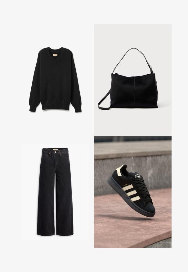 Sort v-hals sweater lavet af blødt strikket stof. Har ribbestrikkede manchetter og kant, med en afslappet pasform og indsyede ærmer.; Sorte brede benjeans lavet af denim, med fem lommer, kobbernitter og en klassisk knaplukning. Glat tekstur med et rent design.; Sort ruskindsneakers med tre beige striber, rundt logo på tungen, flade snørebånd og en polstret sål, mærket "CAMPUS."; Sort skuldertaske med en glat, tekstureret overflade, prydet med en enkelt rem og en lynlåslukning øverst. Kompakt rektangulær form.