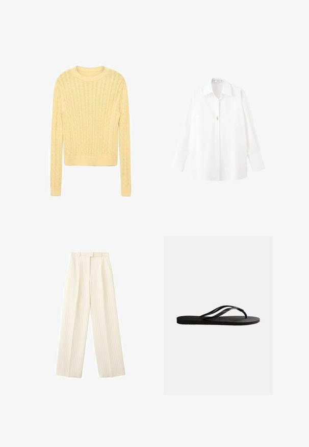 Lichtgele gebreide trui met een ronde halslijn, gekenmerkt door een textuur kabelpatroon en lange mouwen, afgewerkt met een geribbelde zoom.; Witte blouse met lange mouwen, klassieke kraag en een enkele zichtbare bruine knoop in het midden.; Roomy ecru wijde broek met dunne verticale krijtstrepen, voorplooien, riemlussen en zijzakken.; Zwarte rubberen teenslipper met een gestructureerd voetbed en dunne Y-vormige bandjes op een effen witte achtergrond.