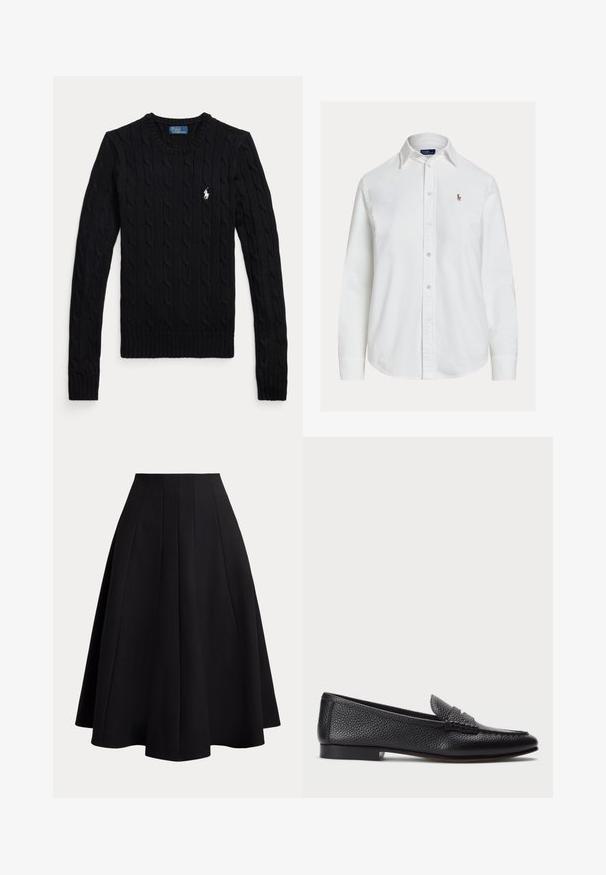 Jersey negro de manga larga con punto de cable, cuello redondo y pequeño logo blanco de Polo Ralph Lauren en el pecho izquierdo.; Camisa blanca de manga larga con botones, cuello y pequeño logo bordado en el pecho izquierdo, mostrada sobre un fondo liso.; Falda negra tipo A con una cinturilla ajustada, diseño plisado, textura suave y un dobladillo a la altura de la rodilla, fabricada con un tejido ligero.; Mocasin de cuero negro con acabado texturizado, que cuenta con una correa decorativa y tacón plano. Diseño elegante y minimalista con punta redondeada.
