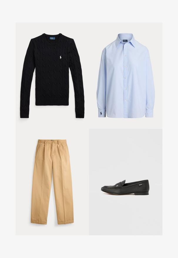 Čierny sveter s dlhým rukávom so vzorom vrkoča, s okrúhlym výstrihom a malým bielym logom Polo Ralph Lauren na ľavej strane hrudníka.; Svetlomodrá košeľa s dlhým rukávom s gombíkmi, so špicatým golierom a vyšitým logom na ľavom manžete, zobrazená na bielom pozadí.; Béžové nohavice s rovným strihom, zapínaním na gombík a zips, prednými vreckami, pútkami na opasok a vyžehlenými skladmi na nohaviciach.; Čierna kožená mokasína s textúrovaným povrchom, detailom na uchytenie mincí, úzkym profilom, jemným logom na boku a nízkym, plochým podpätkom.