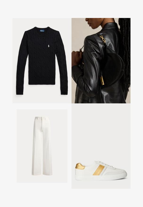 Jersey negro de manga larga con punto de cable, cuello redondo y pequeño logo blanco de Polo Ralph Lauren en el pecho izquierdo.; Pantalones blancos de tiro alto y pernera ancha con trabillas para cinturón y cierre delantero con botones, mostrados sobre un fondo liso.; Zapatillas blancas de material sintético, con una franja metálica dorada y un acento en el talón, y una suela de goma texturizada.; Persona con chaqueta de cuero negra lleva un bolso negro en forma de media luna con cierre dorado colgado del hombro sobre fondo liso.