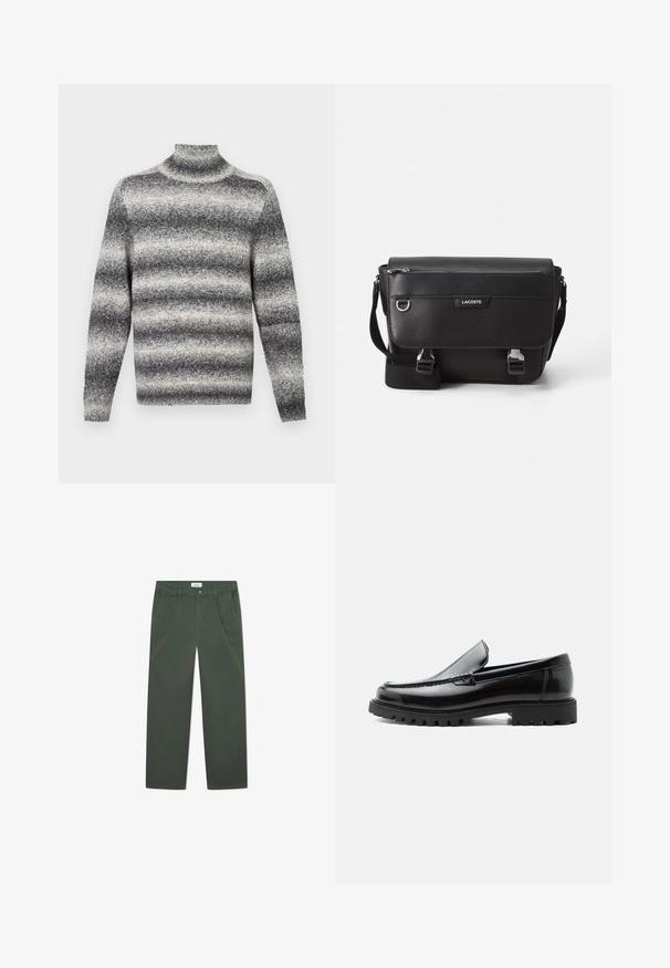 Grå og hvid stribet højhalset sweater med ribstrik i halsen, der tilbyder en blød tekstur og almindelige lange ærmer.; Mørkegrønne bomuldsbukser med lige ben-design, forlommer og knaplukning i taljen. Glat tekstur, uden mønstre.; Sort læderloafer med chunky gummisål, syet overdel og præget mærkenavn på hælen, vist i sideprofil på hvid baggrund.; Sort tekstureret Lacoste messengertaske med justerbar rem, frontklap, lynlås lomme og metalspænder.
