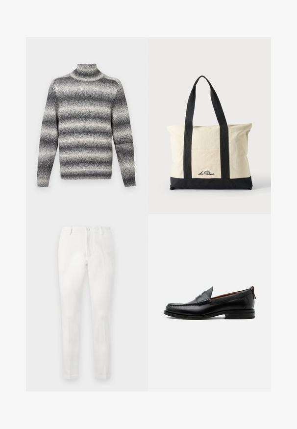 Jersey de cuello alto a rayas gris y blanco con cuello acanalado, que ofrece una textura suave y mangas largas estándar.; Pantalones blancos con un corte ajustado, presentan una parte delantera lisa, dos bolsillos laterales y un bolsillo trasero sencillo. Elaborados con una tela suave.; Mocasín de hombre de piel negra con costura moc toe, tira penny, cuello texturizado y tacón bajo apilado sobre fondo blanco.; Bolsa de lona con asas largas negras, ribete negro en la parte inferior y bolsillo delantero con logo "Les Deux" en letra negra.