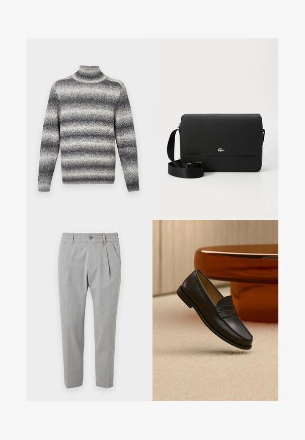 Grå og hvid stribet højhalset sweater med ribstrik i halsen, der tilbyder en blød tekstur og almindelige lange ærmer.; Grå skræddersyede bukser med en glat tekstur, der har et plisseret design, frontlommer, bæltestropper i taljen og en knaplukning.; Sort læder loafer-sko hængende over beige tæppe med ravfarvet moderne møblement i baggrunden.; Sort læder crossbody taske med en glat overflade, en frontklap, sølv logo accent og en justerbar stofrem.