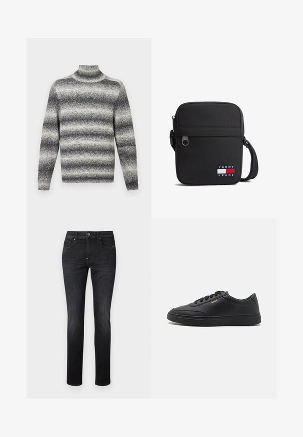 Grijs en wit gestreepte coltrui met een geribbelde hals, biedt een zachte textuur en standaard lange mouwen.; Donkerdenim jeans met een slanke rechte pasvorm, voorzien van een standaard vijf-pocket ontwerp, knoopsluiting en subtiele stikseldetails.; Zwarte leren sneakers met een gladde textuur, ronde neus, platte rubberen zool en tonale veters. Kenmerkt zich door de gouden "BOSS" branding aan de zijkant.; Zwarte crossbodytas met verstelbare band, voorvak met ritssluiting en Tommy Jeans-logo in rood, wit en blauw op de rechterbenedenhoek aan de voorkant.