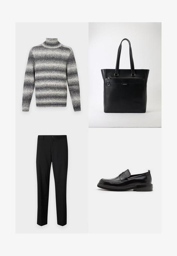 Pullover col roulé rayé gris et blanc avec col côtelé, offrant une texture douce et des manches longues classiques.; Pantalons noirs ajustés avec une coupe plate, taille standard et jambes droites. Fabriqués en tissu lisse, dotés d'une fermeture à un bouton.; Calvin Klein MOCCASIN - Mocassins de ville - black; Sac cabas en cuir texturé noir avec deux anses, poche zippée à l’avant, anneau en métal et logo Lacoste sur fond blanc.