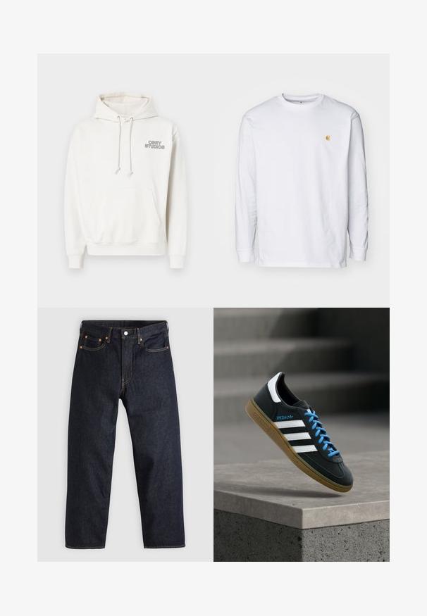 Λευκό hoodie φτιαγμένο από μαλακό ύφασμα, με μπροστινή τσέπη καγκουρό, τελειώματα με κορδόνι στην κουκούλα και λογότυπο "OBEY STUDIOS" σε μαύρο χρώμα στο στήθος.; Λευκό μακρυμάνικο μπλουζάκι από βαμβάκι. Διαθέτει ένα μικρό χρυσό λογότυπο στο στήθος και στρογγυλή λαιμόκοψη. Απλός σχεδιασμός και κανονική εφαρμογή.; Σκούρο μπλε τζιν παντελόνι με ίσια γραμμή, πέντε τσέπες, αντίθετη πορτοκαλί ραφή και κουμπί στην μέση. Χωρίς ορατά σχέδια ή διακοσμήσεις.; Μαύρο αθλητικό παπούτσι Adidas με λευκές ρίγες, μπλε κορδόνια και καουτσούκ σόλα να αιωρείται πάνω από γκρίζο τσιμεντένιο σκαλοπάτι σε απαλό φως.