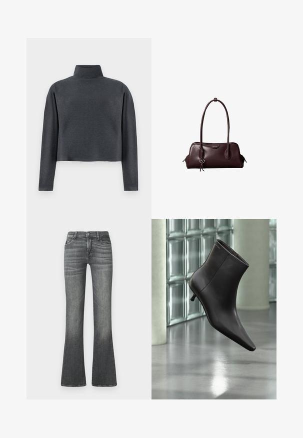 DRYKORN ASIRAL - Sweatshirt - grey; Graue ausgestellte Jeans aus Denim mit einem mittelhohen Bund, subtiler Ausbleichung und klassischem Fünf-Taschen-Design.; Schwarzer Leder-Knöchelstiefel mit spitzer Spitze und kleinem Absatz vor einer Wand aus Glasbausteinen und einem polierten Boden.; Dunkelbraune Lederhandtasche von Calvin Klein mit langen doppelten Griffen und einem kleinen Logoanhänger, der an einem Griff hängt.