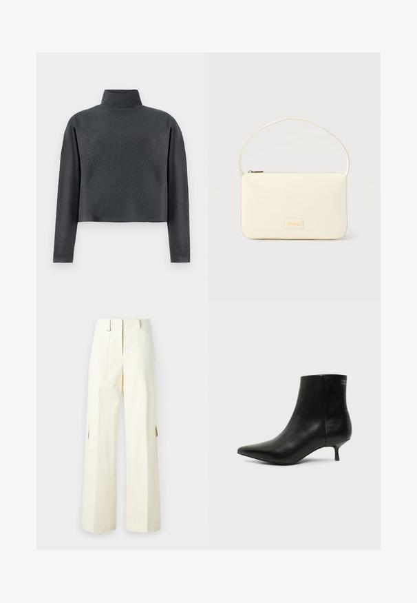 DRYKORN ASIRAL - Sweatshirt - grey; Bredde cargo bukser i lys creme stof, med påsatte lommer, høj talje og sidesplitter for ekstra detaljer og funktionalitet.; Sort læder ankelstøvle med spids tå og lav kitten hæl på lys baggrund, der viser yderside.; Kremfarvet rektangulær håndtaske med en enkelt rem og lynlås øverst, med en lille præget logo-plakette foran.