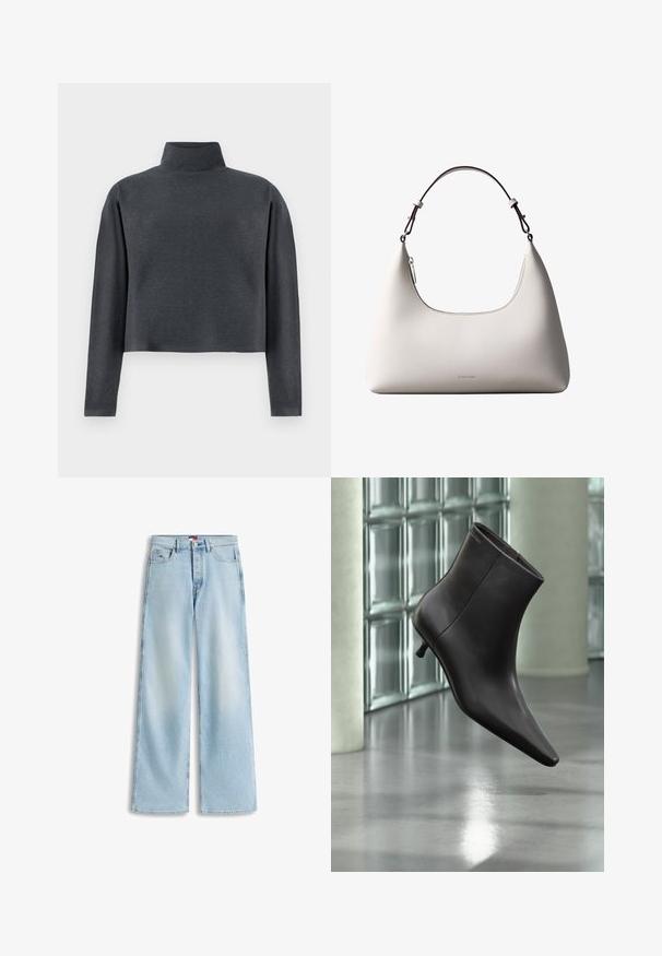 DRYKORN ASIRAL - Sweater - grey; Lichtblauwe recht gesneden spijkerbroek met knoop- en ritssluiting aan de voorkant, voor- en achterzakken en een klein merkembleem op de voorzak.; Zwarte leren enkellaars met puntige neus en lage hak, afgebeeld tegen een glazen blokkenmuur en gepolijste vloer op de achtergrond.; Romige Calvin Klein leren schoudertas met gebogen bovenrand, zilveren rits en donkerbruine verstelbare riem.