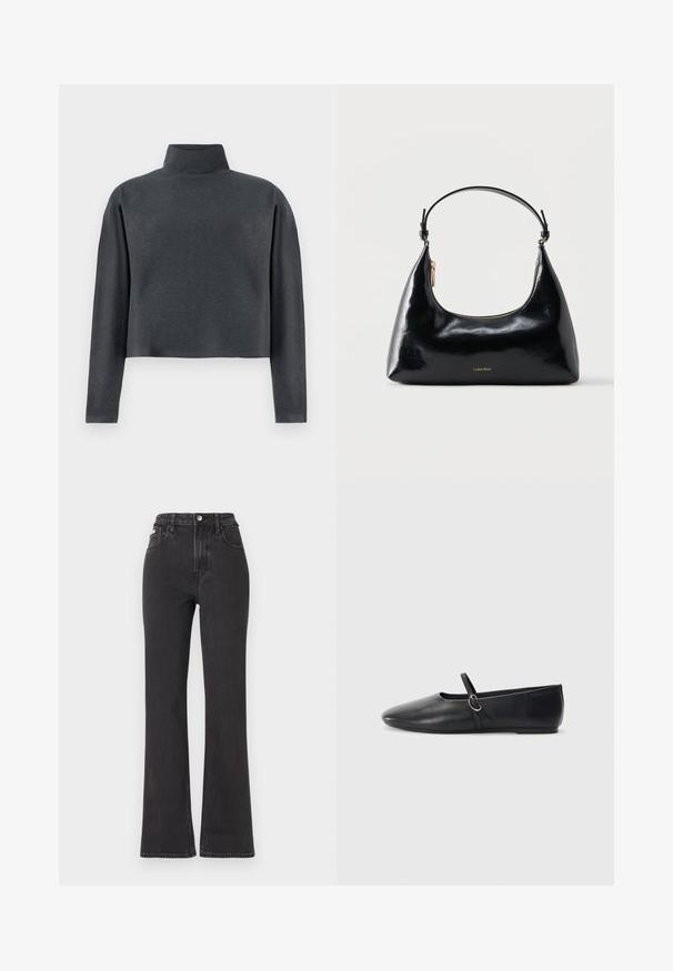 DRYKORN ASIRAL - Sweater - grey; Zwarte hoge taille flared jeans van denim, met een knoopsluiting, riemlussen en zijzakken. Gladde textuur met minimale vervaging.; Zwarte leren balletschoenen met een spitse neus, platte zool en een kleine strap met een zilveren gespsluiting.; Zwarte glanzende Calvin Klein handtas met gouden rits en korte band tegen een effen witte achtergrond.