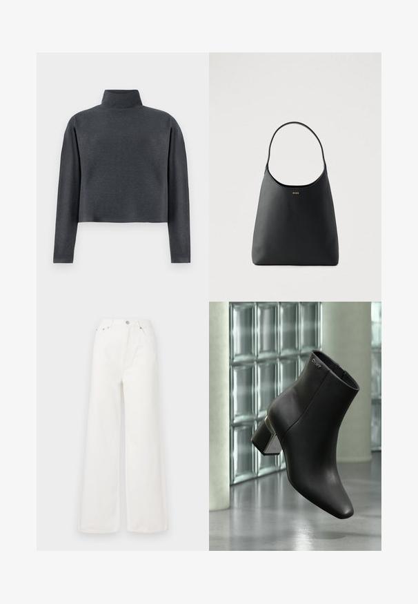 DRYKORN ASIRAL - Sweatshirt - grey; Hvide højtaljede brede jeans lavet af denim. Har frontlommer, knaplukning og afrivede kantdetaljer.; Sort læderankelstøvle med blokhæl, DKNY-logo nær toppen, vist foran en glasblokvæg og poleret betongulv.; Sort læderhåndtaske med enkelt buet håndtag, glat tekstur og et diskret logo foran. Minimalistisk design og rummeligt indre.