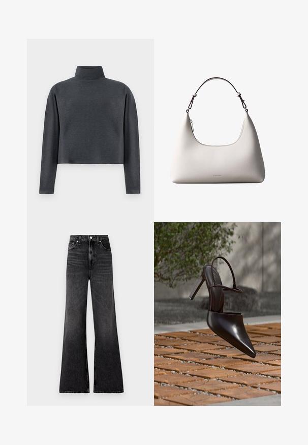 DRYKORN ASIRAL - Sweatshirt - grey; Bredde ben sorte denim jeans med en let falmet finish, høj talje, metalknaplukning og minimale syninger.; Blank højhælet mule med spids tå og ankelrem, svævende over en terracottaflisebelagt overflade med grusfyldte mellemrum.; Cremefarvet skuldertaske i læder fra Calvin Klein med buet topkant, sølvfarvet lynlås og mørkebrun justerbar rem.