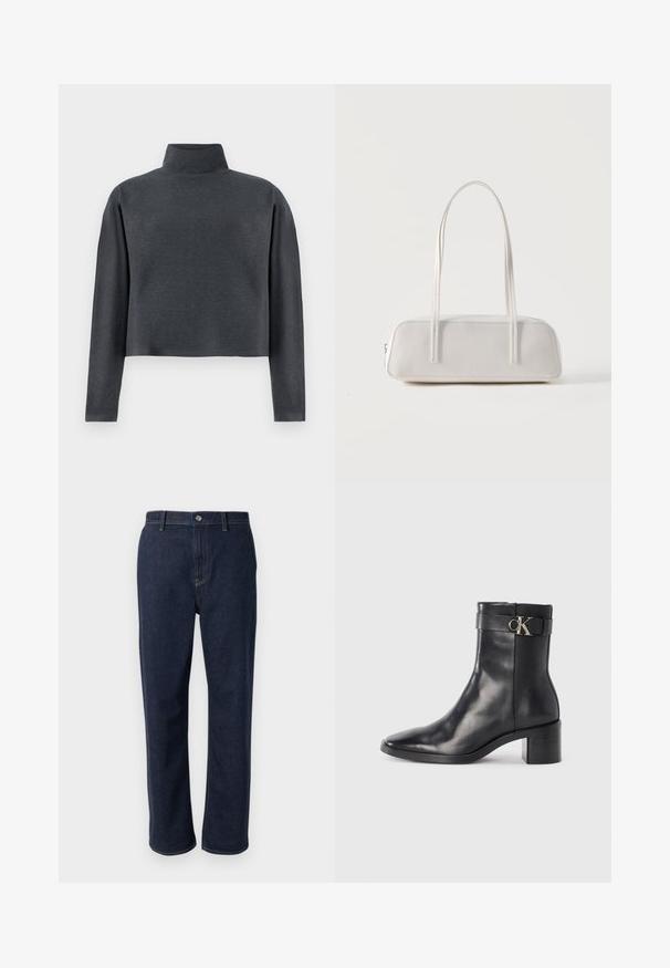 DRYKORN ASIRAL - Sweatshirt - grey; Dunkelblaue Denim-Jeans mit geradem Bein, versehen mit einem Reißverschluss, Fronttaschen und sichtbaren Nähten in einer kontrastierenden Farbe.; Schwarze Leder-Ankle Boots mit spitzem Zehenbereich, Blockabsatz und einem Riemen mit einem metallischen Logodetail. Glatte Textur und minimales Design.; Weiße rechteckige Schultertasche mit langen dünnen Trägern, minimalen Nähten und Reißverschlussverschluss vor einem schlichten Hintergrund.
