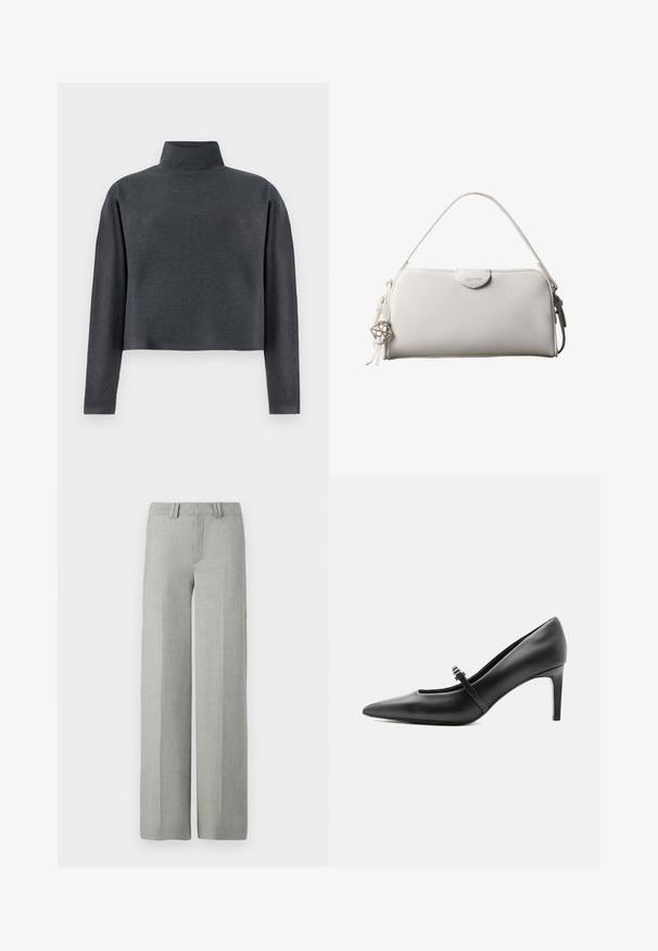 DRYKORN ASIRAL - Sweatshirt - grey; Graue, weit geschnittene Hosen aus leichtem Stoff, mit flachem Bund, Gürtelschlaufen und sauberen, maßgeschneiderten Linien ohne sichtbare Muster.; Schwarzer Leder-Pumps mit spitzer Zehenpartie, dünnem Riemen und Schnalle über dem Spann, stehend auf hellem neutralem Hintergrund.; Weiße rechteckige Calvin Klein Handtasche mit einem einzelnen Henkel, minimalistischem Design und dekorativen Quasten mit geometrischem Metallanhänger an der Seite.