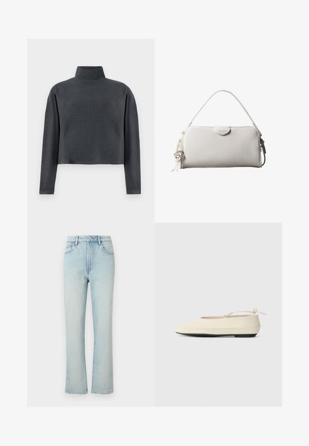 DRYKORN ASIRAL - Sweatshirt - grey; Lyseblå jeans med høj talje og lige ben, med forreste knap, bæltestropper og klassisk femlomme design mod en ensfarvet baggrund.; Cremefarvede flade sko med rund tå, ankelrem og kontrasterende sort gummisål. Glat materiale med minimal detaljer.; Hvid rektangulær Calvin Klein håndtaske med enkelt håndtag, minimalistisk design og dekorative kvaster med geometrisk metalvedhæng på siden.