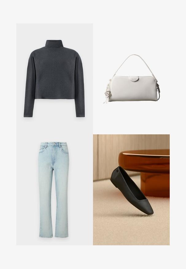 DRYKORN ASIRAL - Sweatshirt - grey; Hellblaue Jeans mit hoher Taille und geradem Bein, vorne mit Knopf, Gürtelschlaufen und klassischem Fünf-Taschen-Design auf einfarbigem Hintergrund.; Schwarzer spitzer flacher Schuh, der auf einem beigen Teppich in der Nähe eines runden bernsteinfarbenen Tisches in einem minimalistischen Raum liegt.; Weiße rechteckige Calvin Klein Handtasche mit einem einzelnen Henkel, minimalistischem Design und dekorativen Quasten mit geometrischem Metallanhänger an der Seite.