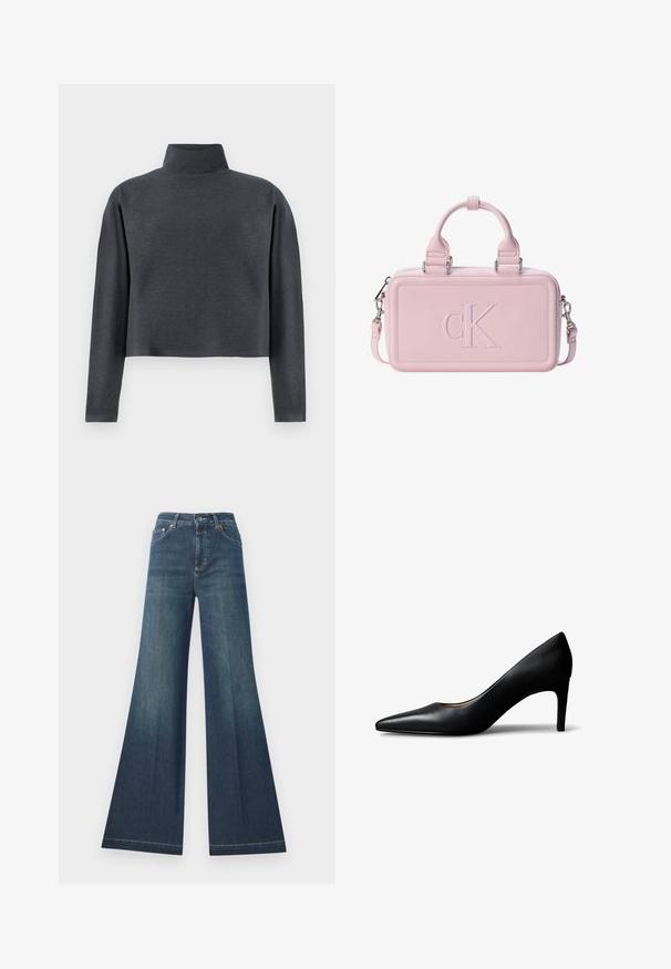 DRYKORN ASIRAL - Sweatshirt - grey; Bredde mørkeblå jeans med høj talje, lavet af denim, med knaplukning og kontrastsyninger langs sømmene.; Sort damesko i læder med spids snude og mellemhøj hæl, vist fra siden på en hvid baggrund.; Rektangulær lyserød håndtaske med korte håndtag og en aftagelig rem, præget med stort "cK" logo på forpanelet.
