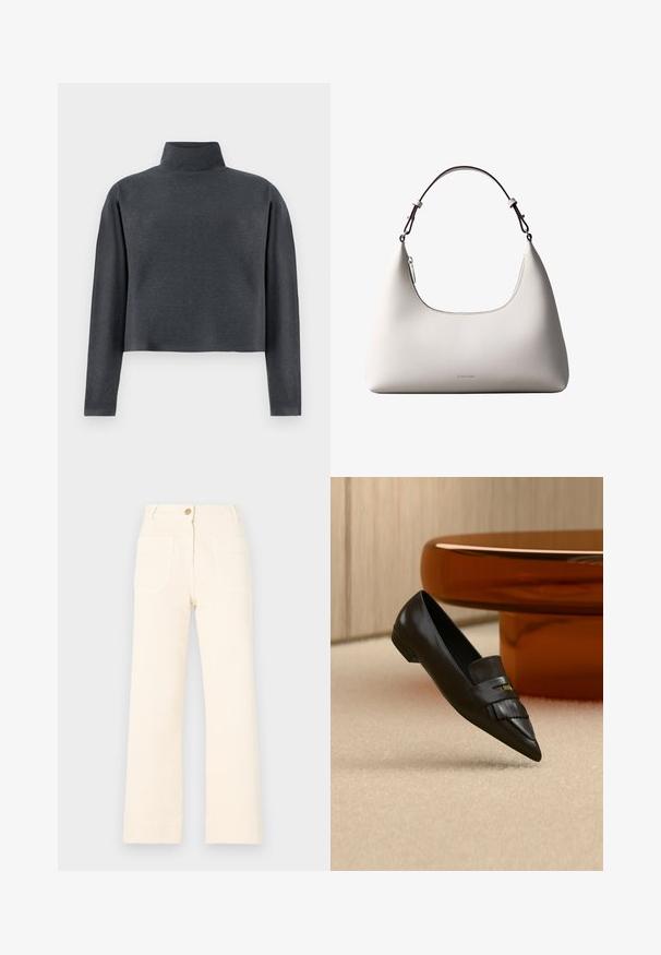 DRYKORN ASIRAL - Sweater - grey; Beige wijde broek van katoen met een knoopsluiting aan de voorkant en twee grote achterzakken. Een gladde textuur en afgewerkte zoom.; Zwarte leren loafer met puntige neus en franjedetail, geplaatst op een beige tapijt naast een ronde oranje glazen tafel.; Romige Calvin Klein leren schoudertas met gebogen bovenrand, zilveren rits en donkerbruine verstelbare riem.