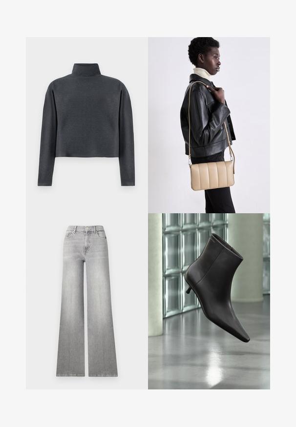 DRYKORN ASIRAL - Sweater - grey; Grijze denim jeans met wijde pijpen en een vervaagde afwerking, voorzak en knoopsluiting. Heeft een rechte pijp en een klassieke zoom.; Zwarte leren enkellaars met puntige neus en lage hak, afgebeeld tegen een glazen blokkenmuur en gepolijste vloer op de achtergrond.; Beige leren crossbody tas met een gequilt ontwerp, rechthoekige vorm, dunne schouderband en zilverkleurige hardware, gedragen door een persoon in een zwarte jas.