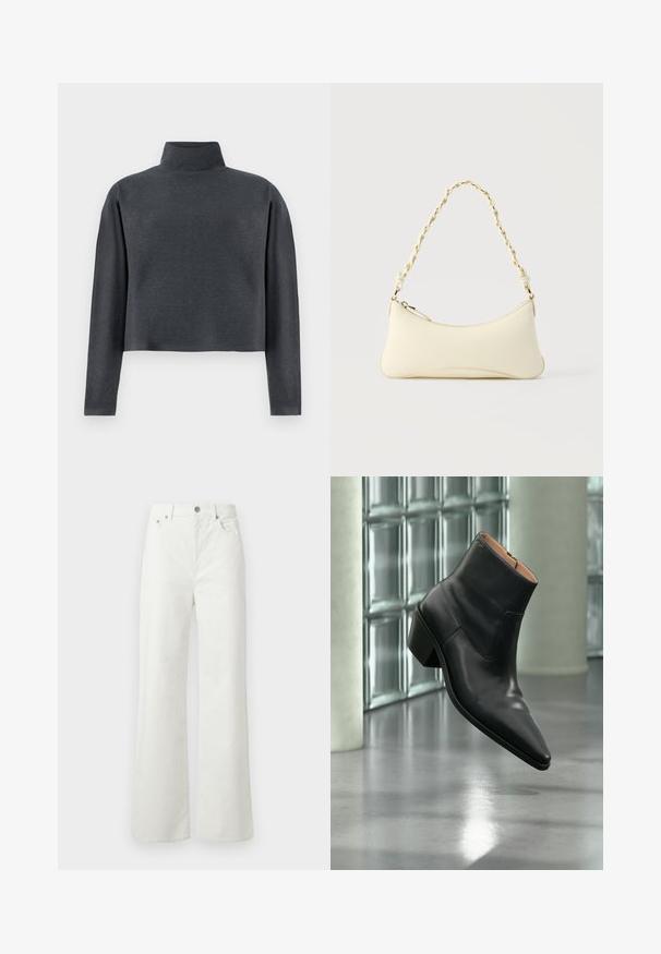 DRYKORN ASIRAL - Sweatshirt - grey; Samsøe Samsøe SHELLY - Jeans Relaxed Fit - clear cream; Sort læderankelstøvle med spids tå og blokhæl, der svæver over en reflekterende grå gulv nær en væg af glasblokke.; Lille cremefarvet taske med en kurvet form og fletet guldfarvet kæde som håndtag, lynlås lukning på toppen