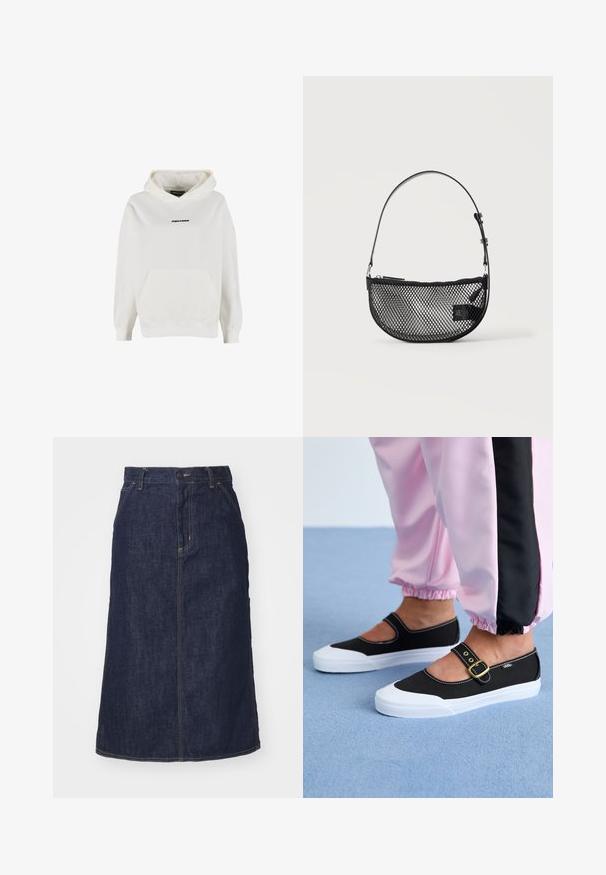 Hvid hættetrøje med frontlomme og lille sort "PEGADOR" logo centreret på brystet.; Mørk denimnederdel med høj talje, lige skæring, forlommer og stikninger. Har lynlås og knaplukning i taljen.; Sorte lærredssko med en hvid sål, der har et udskæringsdesign og et guldspænde. Bæret med lyserøde træningsbukser.; Sort mesh halvmåne håndtaske med en kort justerbar læderrem og lynlåslukning på en ensartet lys baggrund.