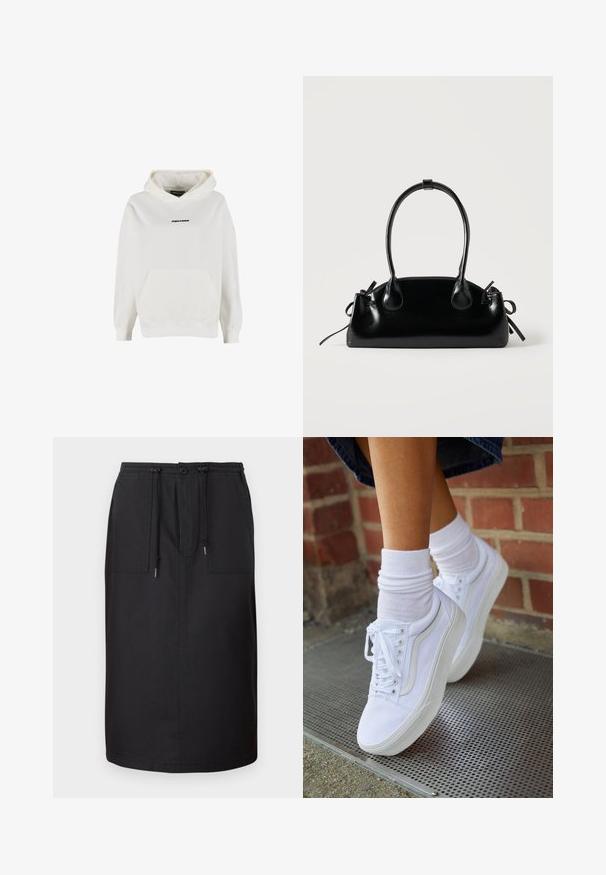 Witte hoodie met voorvak en klein zwart "PEGADOR" logo midden op de borst.; Zwarte spijkerrok met een rechte silhouet, voorzien van een elastische tailleband, trekkoord en twee voorkruiken voor functionaliteit.; Witte canvas sneakers met rubberen zolen, voorzien van zes vetertjes, een ronde neus en lichte stikdetails, gecombineerd met witte enkelsokken.; Kleine zwarte glanzende handtas met twee lange hengsels en zijkant trekkoord details op een effen lichte achtergrond.